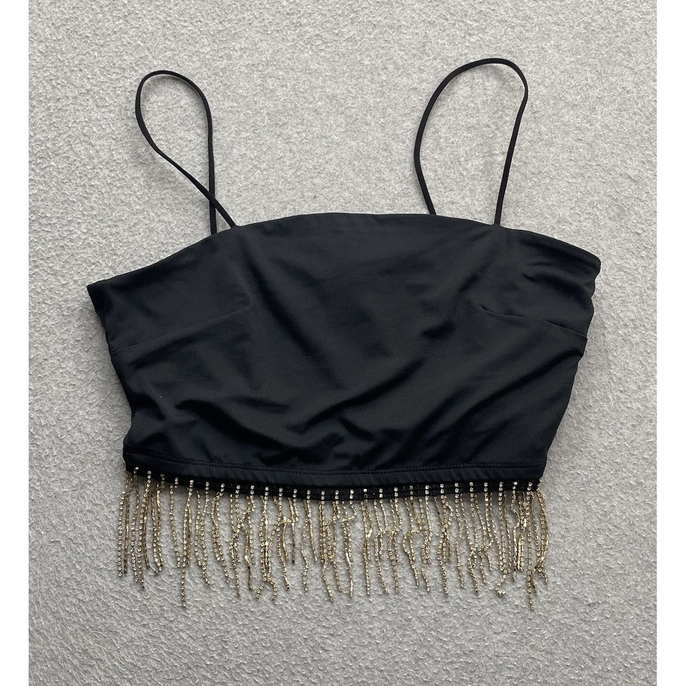 Sparkly Rhinestone Tassels Sleeveless Fringe Cropped Top Women's Small Black